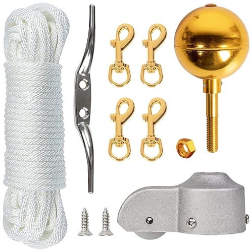 ZYHARUKO Professional Heavy Duty Flagpole Pulley Systems 50FT Halyard Rope Metal Fasteners Included Suitable For 2 To 2.6 Poles Aluminum Flagpole Truck