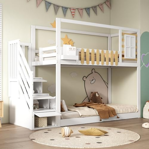 Litera 90x200 cm con Escalera de almacenaje Ventana Caja de estanterías Cama Alta con Protector contra caídas Camas Doble Estructura de Pino Macizo Cama de Invitados sin colchón Blanco