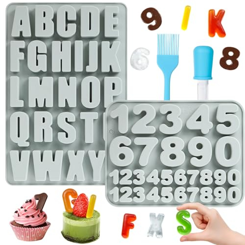 2 Stück Silikonform Buchstaben und Silikonform Zahlen, A-Z & 0-9 Groß Buchstaben Zahlen Backform mit Liquid Dropper und Silikonbürsten, 3D Silikonformen Gießformen für Kuchen, Keks und SüßIgkeiten