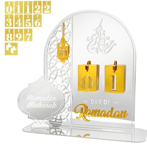 Calendario Ramadan in Acrilico, Calendario Dell'Avvento Ramadan, Calendario acrilico Eid Mubarak fai da te per la decorazione, 30 giorni conto alla rovescia (Argento)