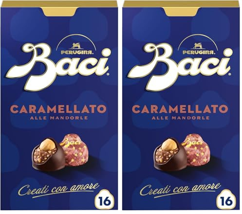 BACI PERUGINA Caramellato alle Mandorle Cioccolatini Fondenti ripieni al Gianduia, Scatola 200g (Confezione da 2)