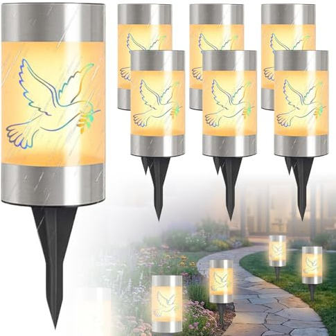 6 Stück Solar LED Grablicht, Friedhofskerze Solarbetrieben mit Erdspieß & Löwenzahn Aufklebern, Taube Grableuchte, Gartenleuchte für Außen, LED Grablicht Friedhofskerzen Wasserdichtes für Grabdeko