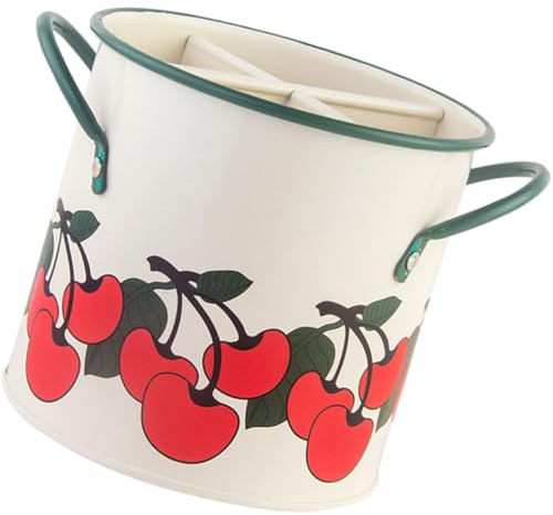 SUPVOX Porta Cubiertos de Hierro 4 Compartimentos, Organizador Multifunción para Utensilios de Cocina, Cubo Decorativo Vintage Diseño de Impresión de Cerezas, Almacenamiento
