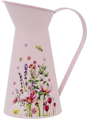 Pink Floral Metal Pitcher, 27cm Decorative Tin Jug Vase with Colourful Flower Design for Home Decor, Shelves and Tables