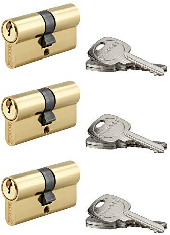 THIRARD - Cilindro di Serratura Doppia Entrata STD - Ottone - Meccanismo a 5 Pistoncini - 30 x 30 mm - Giallo/Dorato - Set di 3 - Pannello Anti-Strappo - 3 Chiavi Dentate Incluse