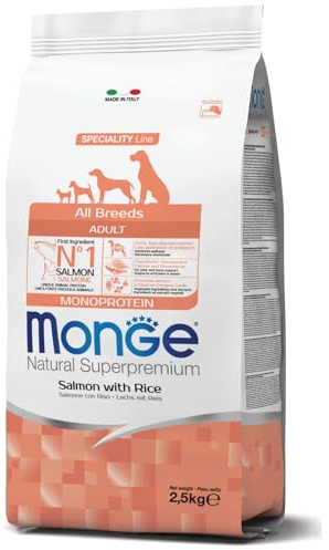 Monge Natural Superpremium Adult Salmon and Rice - Comida para perros para todas las razas (alimento seco para perros con salmón y arroz, muy rico en fibra y vitaminas, 2,5 kg)