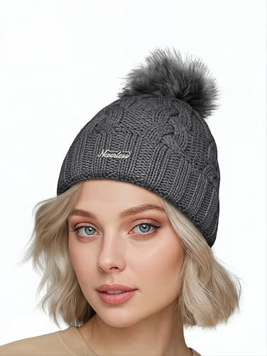 Neverless® Damen Strickmütze Zopfmuster Fleccefutter Bommelmütze Pudelmütze Wintermütze Accessoires Herbst Winter Model 2213 Dunkelgrau Unisize