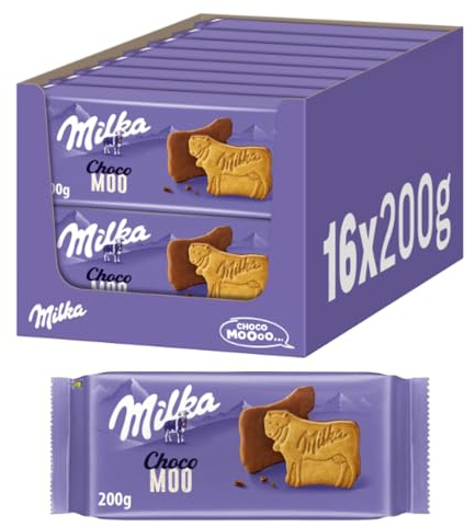 Milka Choco Moo Kekse, 200 g (16er-Pack) | Knusprige Kekse mit zarter Alpenmilch-Schokolade in Milka Kuhform