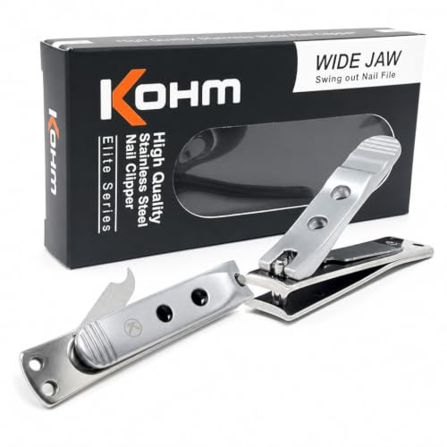 Kohm Curved Blade Edge Nail Clipper with Nail File (Swing Out), SS Wide Jaw Toenail Clippers for Thick Nails, Large Nail Clippers for Men, Seniors, Women