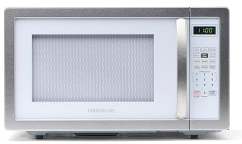 Farberware 1.1 Cu. Ft. Countertop Microwave Oven – 1000 Watts Power, Auto Cook Settings, Defrost, Easy Clean and Child Safety Lock - White Platinum