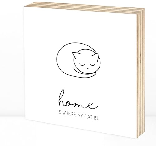 Wunderpixel® Holzbild Home is where my Cat is - 15x15x2cm zum Hinstellen/Aufhängen, Zeichnung auf Holz - schwarz-weißes Wand-Bild Aufsteller zur Dekoration/als Geschenk - Katze