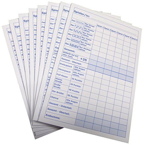 5x Block für Würfelspiel - 50 Blatt, Druck in Blau DIN A5, 50 Blatt, Qualitäts-Offset-Papier 80g/m² (22671)