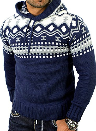 Reslad Norwegian men's knitted winter hooded jumper, RS-3013 - Blue - XXX-Large