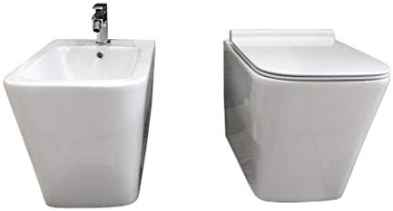 COPPIA SANITARI A TERRA VASO CON COPRIVASO SOFT-CLOSE + BIDET SERIE SQUADRATA CURVA TECNICA E FISSAGGI INCLUSI
