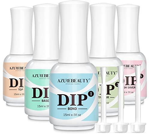 AZUREBEAUTY 5 Pcs Dip Powder Liquid Set - 15ml/0.5oz Large Capacity Dip Base Coat, Top Coat, Bond, Activator, Brush Saver for Dip Nail Kit Salon Home No Nail Lamp Needed