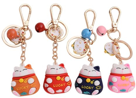 VALICLUD 4 Stücke Glückskatze schlüsselanhänger Winkekatze Schlüsselbund Maneki Neko Katze Glücksbringer Anhänger mit Schlüsselring Schlüsselhalter Glöckchen Schlüsselkette