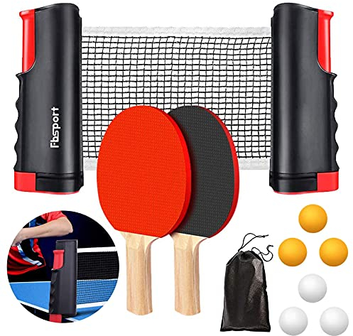 FBSPORT Table Tennis Set, Ping Pong Bats Set with 2 Paddles, 1 Retractable Net, 6 Balls, 1 Carrying Bag, for Trainer Adults Families Indoor Outdoor