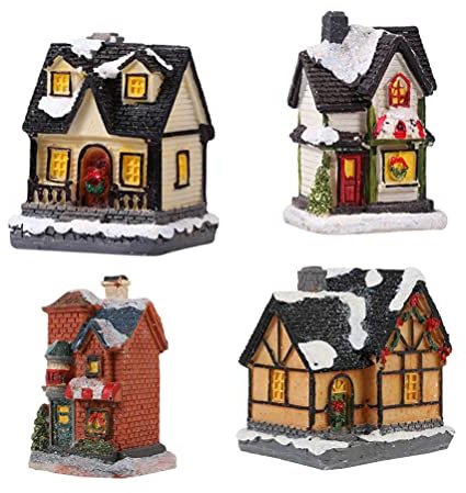 SOLUSTRE LED Weihnachtshaus Beleuchtet Weihnachtsdorf Weihnachtsstadt: 4 Stücke Harz Häuser Winterdorf mit Beleuchtung Miniatur Haus Weihnachten Dekoration Moos Winter Xmas Deko Kinder