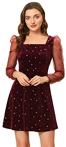 Allegra K Damen-Samtkleid, durchscheinend, Puffärmel, quadratischer Ausschnitt, Glitzerstern, Mini-Samtkleid, Rot/Ausflug, einfarbig (Getaway Solids), Groß