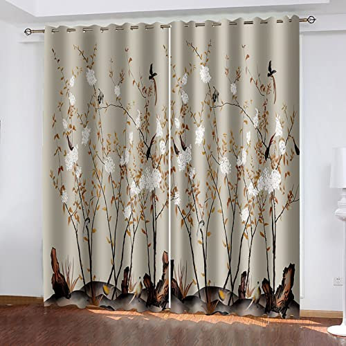AMDXD Cortina de bayeta Vitrée Marrón, cortina para el día de la noche, ropa, ramas, flores, poliéster, 264 x 115 cm
