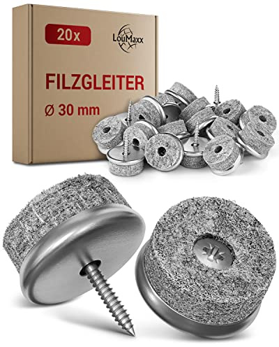 LouMaxx Stolsfiltglidare, runda skruvar, Ø 30 mm, grå – stolglidare med 6 mm tjock filt och metallinfattning – filttassar för stolskruvar – premium stolsbenskydd, filt, även för möbler, 20 stycken
