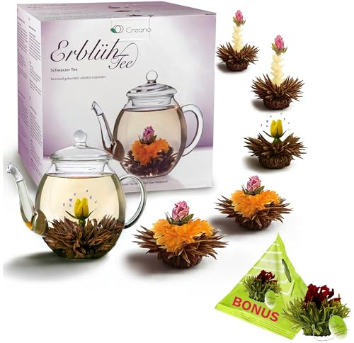 Creano Teeblumen Geschenkset - Erblühtee mit 500ml Glaskanne & 6x Schwarzer Tee + Teelini Grüntee Bonuskugel - 8 teilig