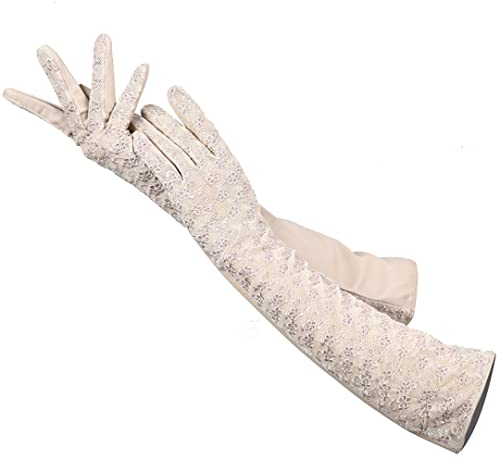 Lange Lederhandschuhe Schaffell Lange Spitzenhandschuhe Bankett Damen Lederhandschuhe Beige 6,5
