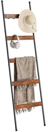 ELYKEN Blanket Ladder for Living Room, Farmhouse 5-Tier Quilt Holder with 4 Removable Hooks for Bathroom, Wood Towel Rack Display, Wall Anchor Leaning Decorative Stand for Home, Rustic Brown