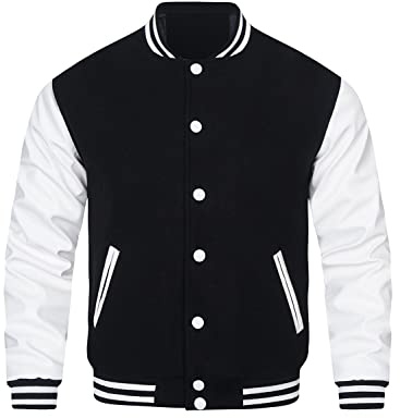 HOOD CREW Mens Varsity Jackets Faux Leather Sleeve Letterman Boys College Baseball Jacket Black M