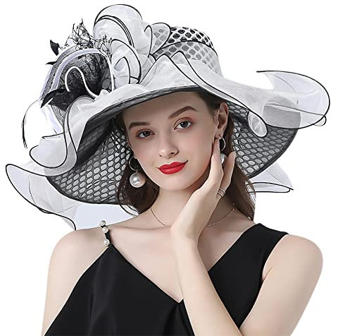 ITODA Organza Hut Damen Fascinator Große Krempe Sonnenhut Netz Organzahut mit Blume Feder Kopfschmuck Elegant Sommerhut Sonnenschutz Strandmütze Braut Damenhut Kirche Hochzeit Party Strand