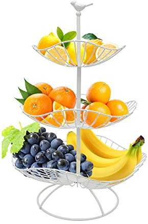 Fouvin Etagere Obst 3 Stöckig Obstkorb für Mehr Platz auf der Arbeitsplatte, Weiß Obst Etagere, Metall Obstschale Modern Obstständer mit 3 Aufbewahrungsschalen Größe: 31cm 25cm 20cm