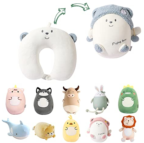 JOYRAVO Kinder Reisekissen 2-in-1 verformbares Nackenkissen, weiches U-förmiges Kissen mit niedlichen Plüschtieren, gemütlicher Schlaf- und Spielbegleiter für Flugzeuge, Autos und Reisen-Blaubär