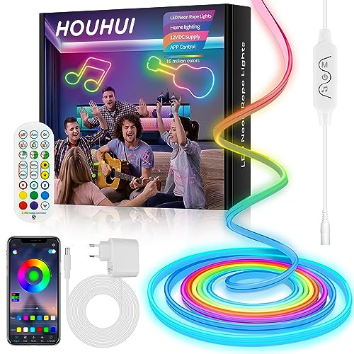 HOUHUI Neon LED Streifen 5m RGB mit App-Steuerung, IP67-Wasserdicht, 12V-Musik-Synchronisierung, DIY-Design, flexibles Licht für Schlafzimmer und Spielzimmer