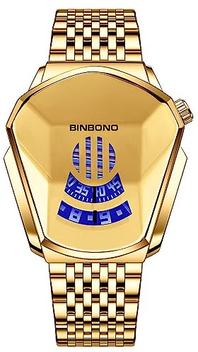 JewelryWe Reloj digital para hombre con LED binario impermeable 30 m, correa de aleación, deportivo, militar, reloj de pulsera para él y para ella, Rectangular Oro, Pulsera
