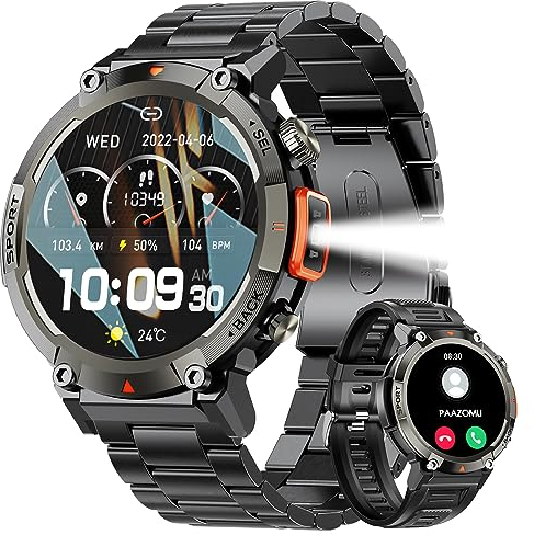 paazomu Smartwatch multifunzione con torcia 1,45 pollici fitness tracker con monitor della salute, compatibile con Android iOS per le attività all'aperto e l'uso quotidiano