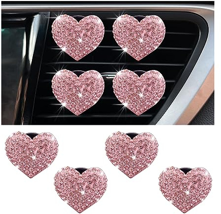 JNNJ 4 Pcs Herzförmige Lufterfrischer Clips, Strass Auto Lufterfrischer Vent Clip, Bling Lufterfrischer Clips, Auto Aromatherapie Car Air Freshener Clips(Rosa)