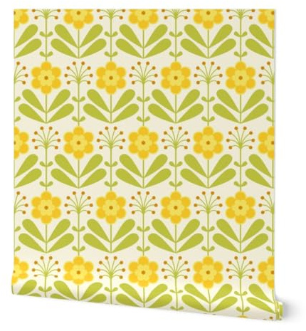 Peel & Stick Wallpaper Swatch - Retro Groovy Floral MCM Mid Mod Flowers Yellow Sixties Seventies Hippie Vintage Midcentury Modern Custom Removable Wallpaper by Spoonflower