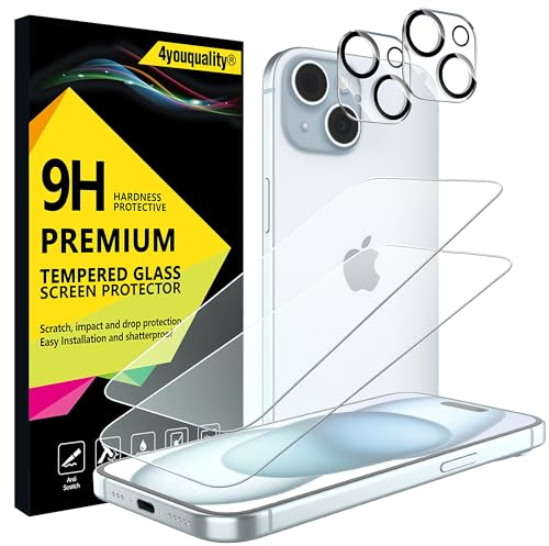 4youquality 4-in-1 for iPhone 15 Screen & Camera Lens Protector | 2+2 Pack, Tempered Glass, 9H Hardness, Impact-Resistant, Anti-Scratch, Anti-Shatter, Ultra-Transparent