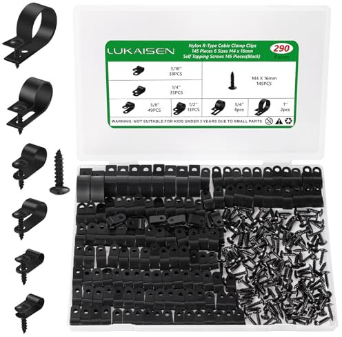 Lukaisen 290 PCS Black Nylon P-Clips, 3/16'' 1/4'' 3/8'' 1/2'' 3/4'' 1'' Inch Plastic Cable Clips Wire Clamp, Nylon Screw Mounting Cord Fastener Clamp with 145 PCS Screws, for Wire Management
