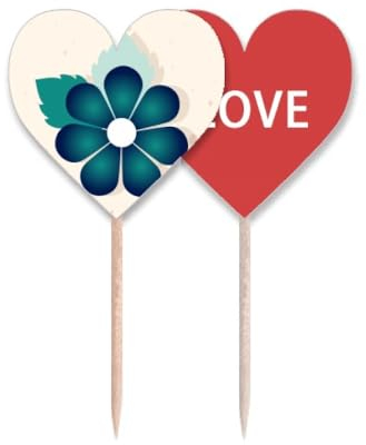 Palillo de dientes con diseño de flores azules y verdes y planas, diseño de bandera de corazón