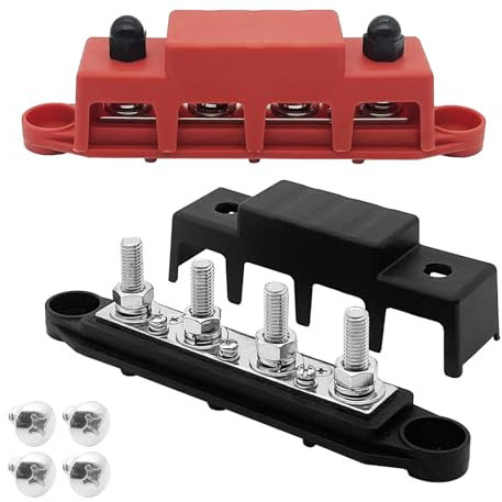 Sepzlly Bus Bar Power Distribution Block 12V - 48V DC with 4 x M8 (5/16) Terminal Studs 250A Battery Connection Bolts BusBar Box for Car RV Boat Yacht Ships Marine (Red+Black) 2 Piece