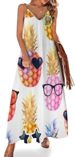 NYKVTG Verres À Ananas Femmes Robe Longue Été Robe De Plage Col en V sans Manches Maxi Robe Robe De Soirée