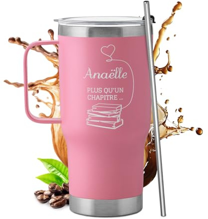 Maverton Mug Isotherme Personnalisable Rose en Acier Inoxydable 600 ml | Gobelet Isotherme avec Paille et Boîte Cadeau, avec brosse de nettoyage, Cadeau Femme Anniversaire livre