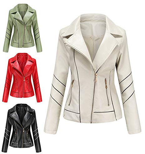 Chaqueta de piel sintética para mujer, talla grande, chaqueta de cuero para mujer, chaqueta de motociclista, chaqueta de motociclista, chaqueta corta clásica con líneas, chaqueta de cuero elegante con