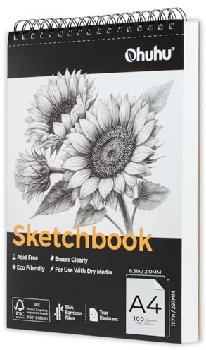 Ohuhu A4 Skizzenbuch aus Bambusfaser, 100 Blatt (200 Seiten) - Abriebfest & Radierfreundlich, Spiralbindung oben, 110 g/m² säurefrei, Zeichenblock für Bleistift, Buntstift, Kohle