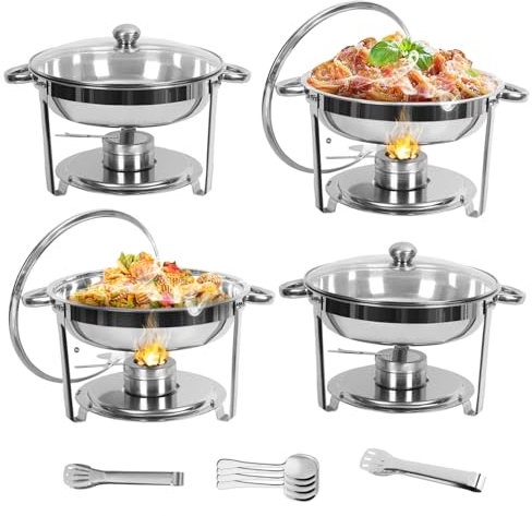 gibxiyza 5.5L Chafing Dish Buffet Set Catering Food Warmers Round Chafing Dishes for Buffet Party Stainless Steel Chafing and Buffet Warmers Set with Visible Lid 4Pcs Stoves 4Pcs Scoops 2Pcs Tongs 1