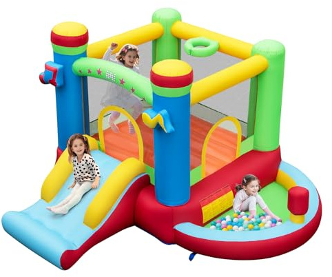 Maxmass 5 in 1 Inflatable Bouncy Castle, Kids Bounce House with Slide, Ball Pit, Basketball Hoop, Box Bag, Children Jumping House Blow Up Jumper for Indoor Outdoor (without 480W Blower)