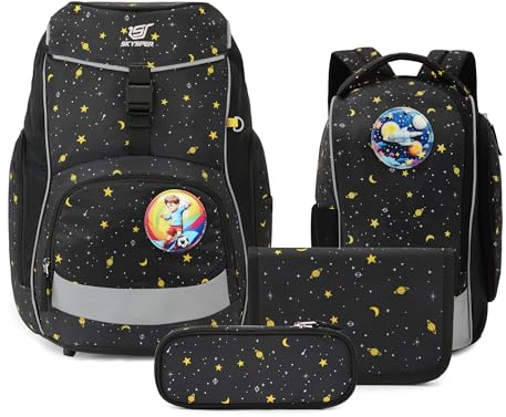 SKYSPER Skolväskset 5 delar för pojkar flickor 1. Klass grundskola skolryggsäck sportväska utomhus sport ergonomiska skolväskor pennfodral set, svart, 15-liter, Skolväskor