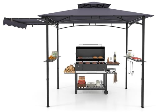 COSTWAY Gazebo per Barbecue, Pergola per BBQ con Tendalino Laterale, Tetto a 2 Livelli, 2 Ripiani Laterali, Ganci Appesi, Apribottiglie, per Giardino e Cortile, 318 x 153 x 250 cm (Grigio Scuro)
