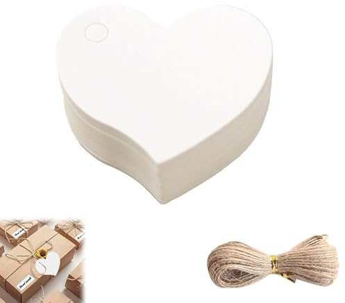 Azlanway Herzanhänger Weiß Kraftpapier mit Schnur, 100 Stück Geschenkanhänger Herzform zum Beschriften – Etiketten für Hochzeit, Geburtstag, Party, DIY, Weihnachten, Valentinstag, Dekoration